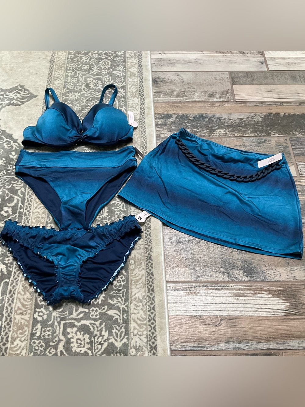 Victoria's Secret Shimmery Teal Bikini Top 2 Bottoms CoverUp S/M 36C NWT